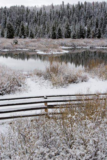 May snowfall at lake in Bondourant WY