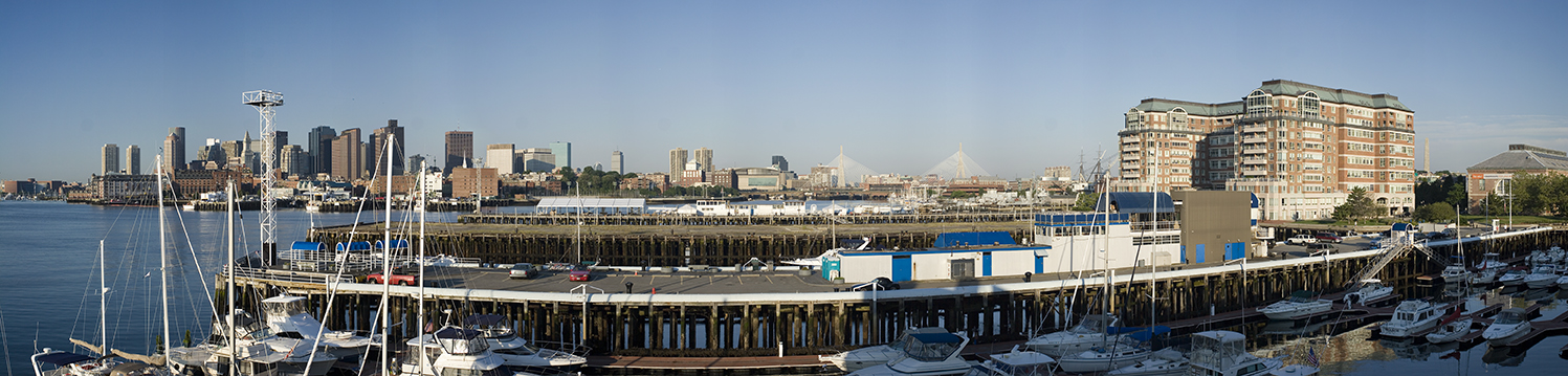 Charlestown Navy Yard Pier 7 panoramic view of Boston harbor after sunrise July 2005